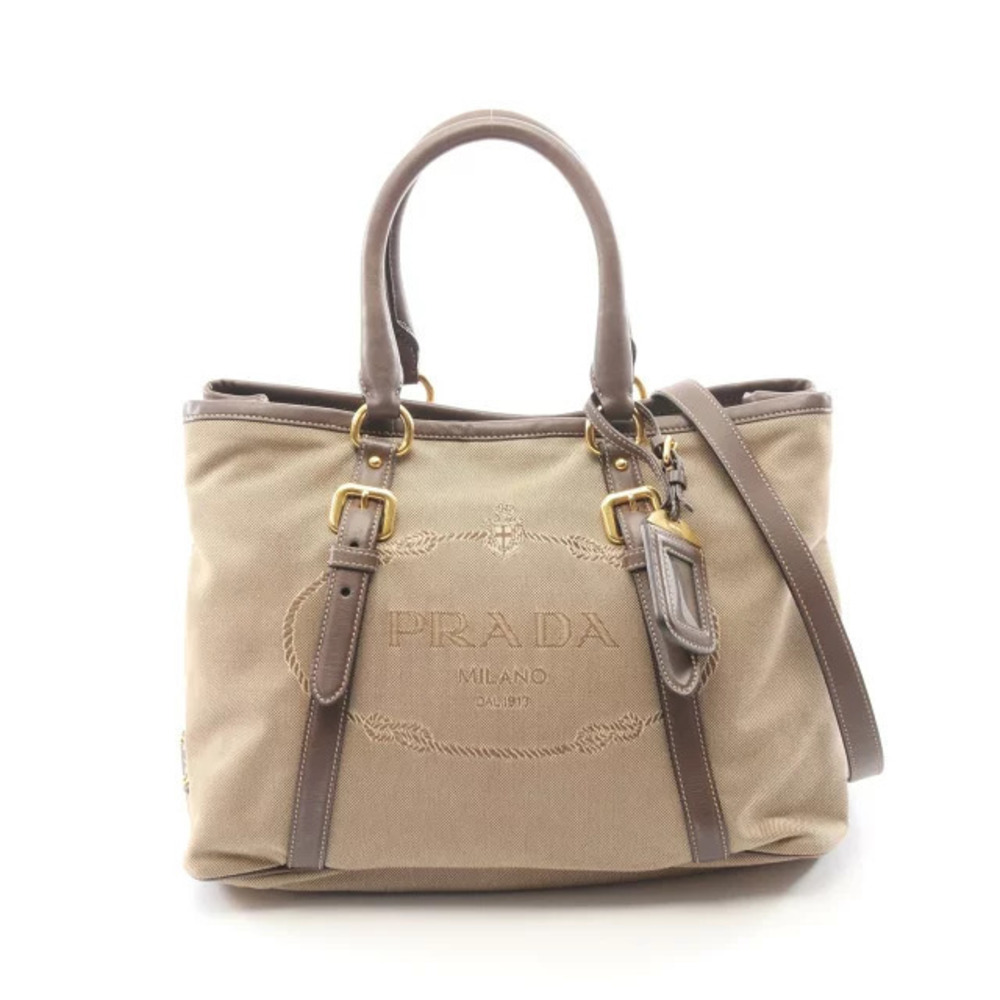 Prada JACQUARD Handbag Canvas Leather Beige Cream Brown